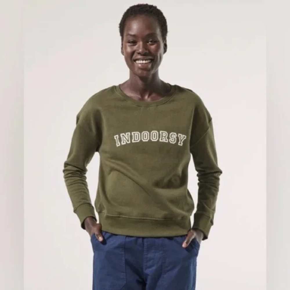 Pact Indoorsy Moss Green Sweatshirt sz S Crew Neck Cropped Long Sleeve Organic
